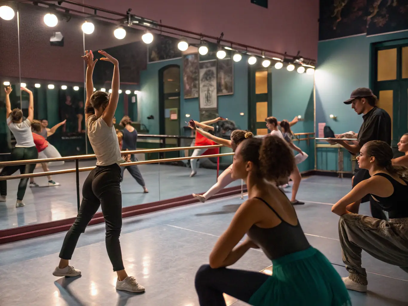 An image of advanced dancers performing a complex routine during a workshop, highlighting the skill and dedication involved in the advanced programs.