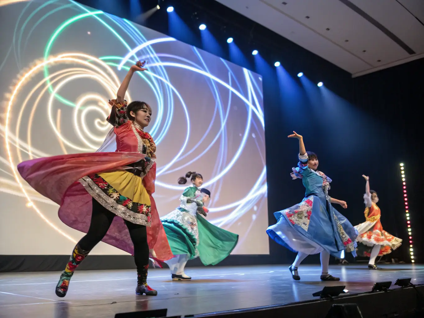 A dynamic image of a dance competition, capturing the energy and excitement of the event, with dancers in full costume performing for an audience.