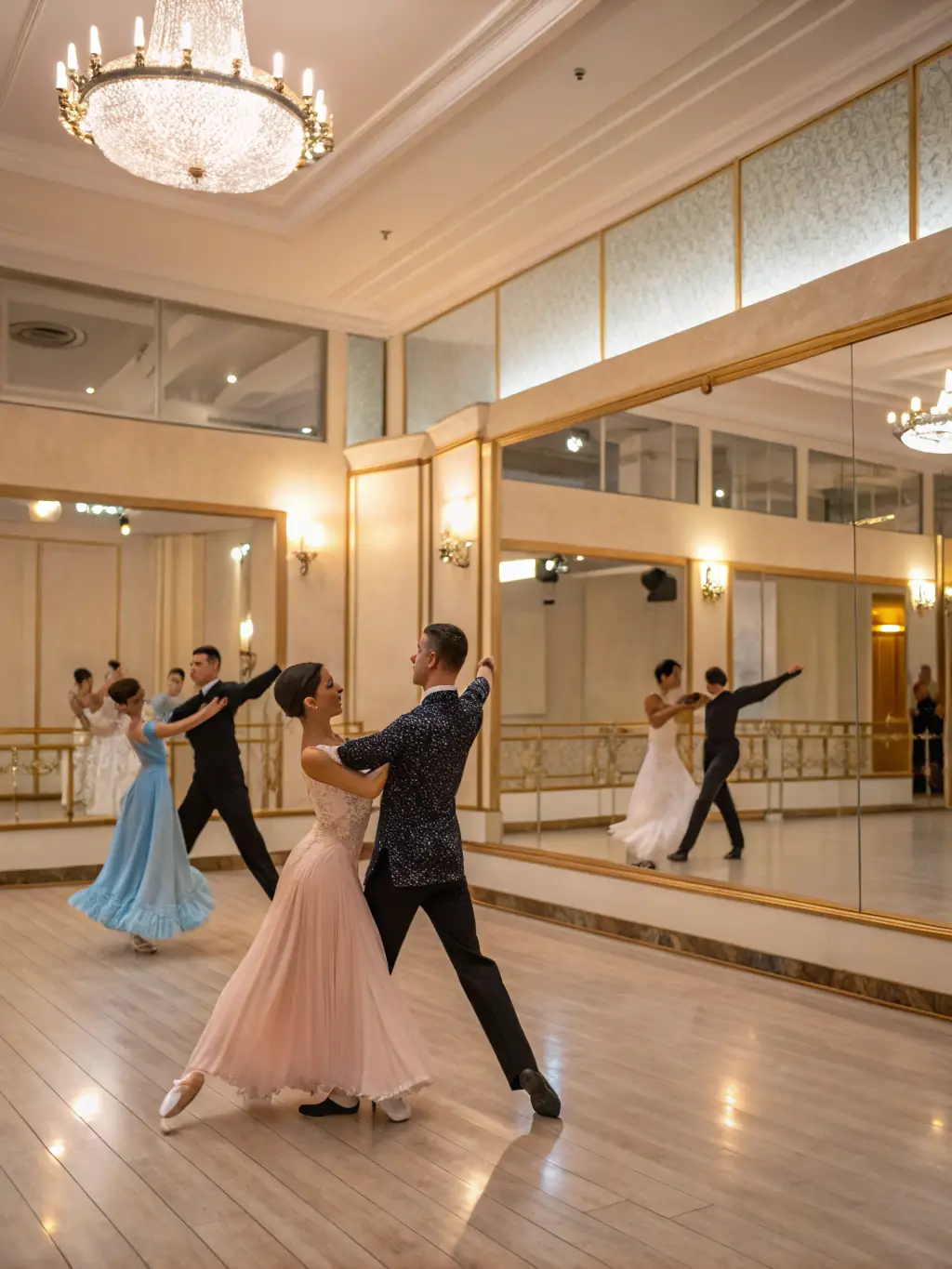 A dynamic image of a group of dancers practicing the waltz, showcasing elegance and precision in a well-lit studio.