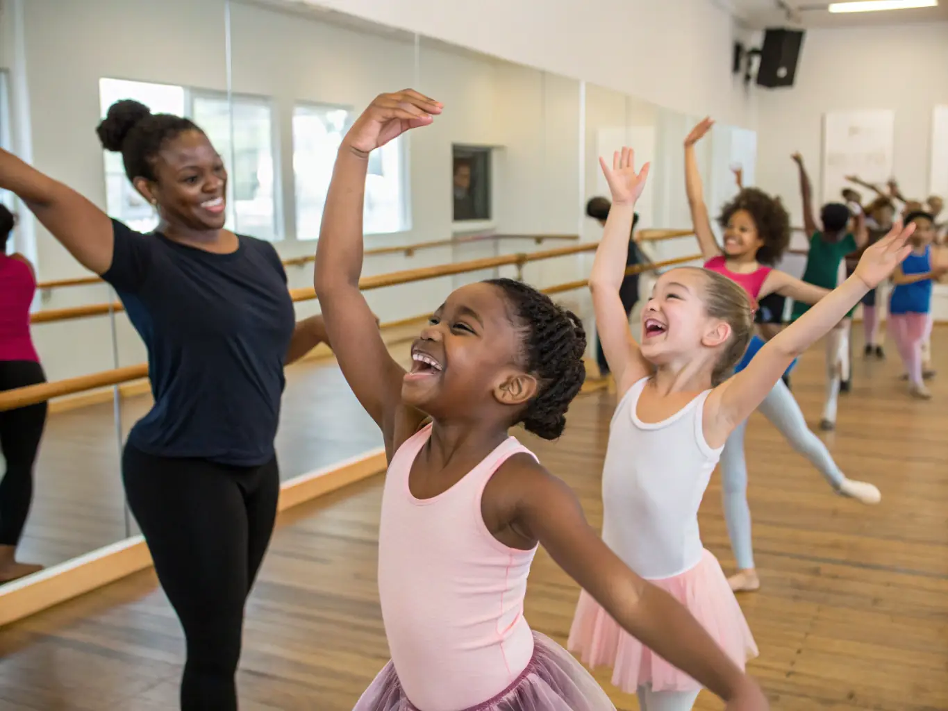 A photo of children participating in a creative movement class, with smiles and playful poses. The image should highlight the fun and developmental aspects of dance for kids.