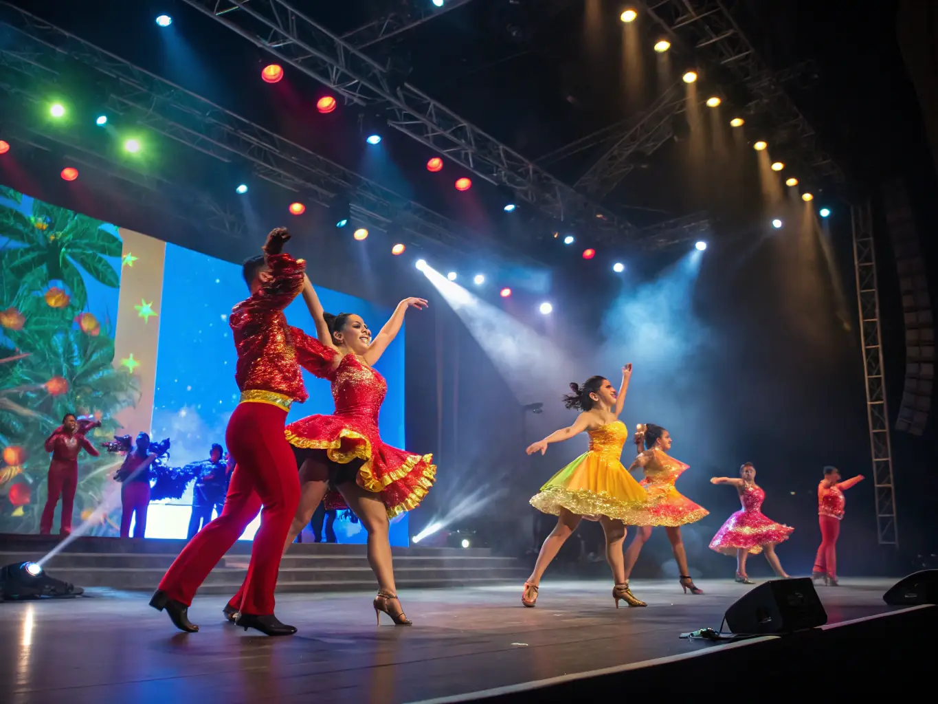 A dynamic image of dancers performing a high-energy Latin dance routine, with vibrant colors and expressive movements. The image should capture the passion and rhythm of Latin dance.