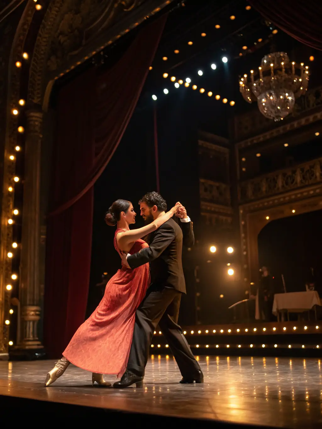 An energetic image of dancers performing the tango, highlighting the passion and intensity of the dance in a competitive setting.