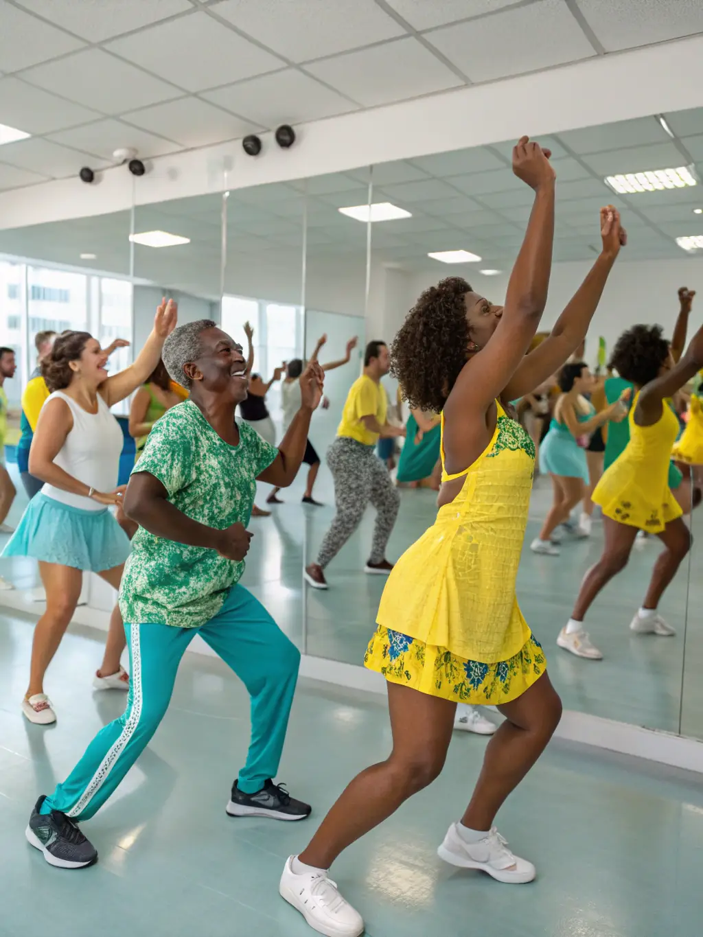 A vibrant image of dancers engaged in a cha-cha lesson, emphasizing the rhythm and energy of the dance in a class setting.