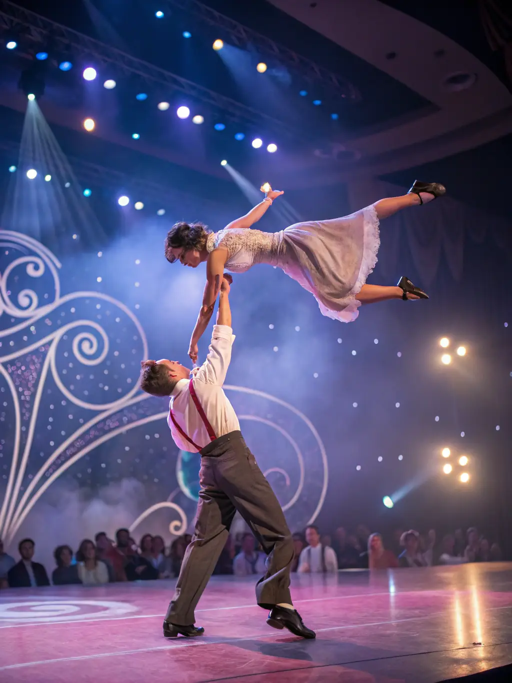 A dynamic image showcasing dancers performing various sportive dance styles, such as ballroom, Latin, and standard, highlighting the diversity of dance forms offered at the club.